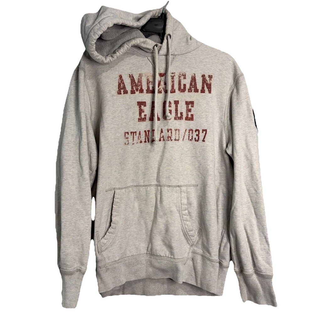 American Eagle Hoodie Sweatshirt Mens Medium Gray Standard 037 Patch Fleece Y2K